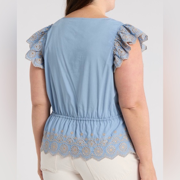 Blue Eyelet Lace Flutter Sleeve Top. Ladies 2X - Picture 2 of 14